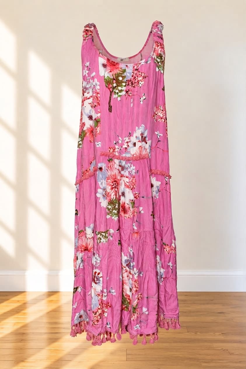 Adrift Maxi Dress Tiered Floral Tassel Hem Pink Women's M — photo 1 of 4