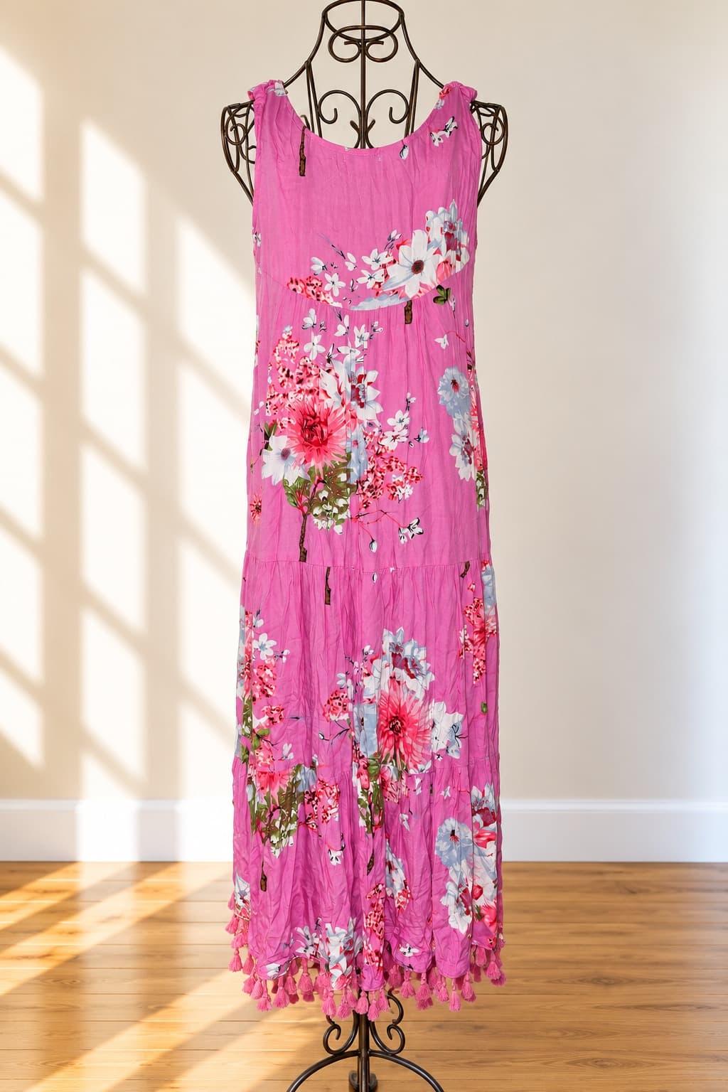 Adrift Maxi Dress Tiered Floral Tassel Hem Pink Women's M — photo 4 of 4