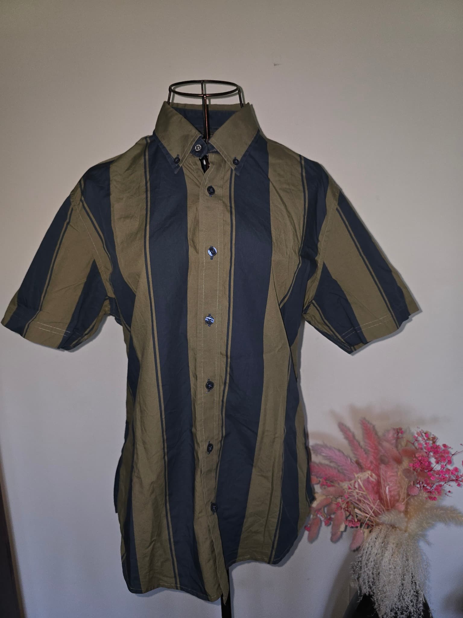 Ben Sherman Short Sleeve Button Down Shirt Striped Olive and Navy Men's S — photo 2 of 7