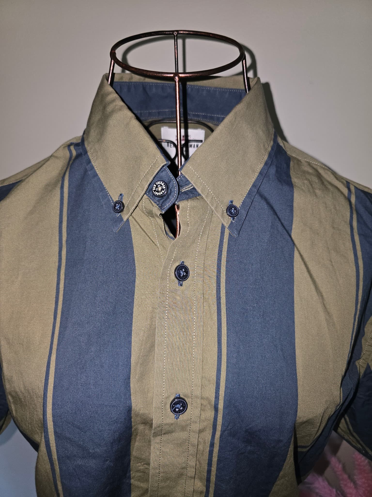 Ben Sherman Short Sleeve Button Down Shirt Striped Olive and Navy Men's S — photo 4 of 7