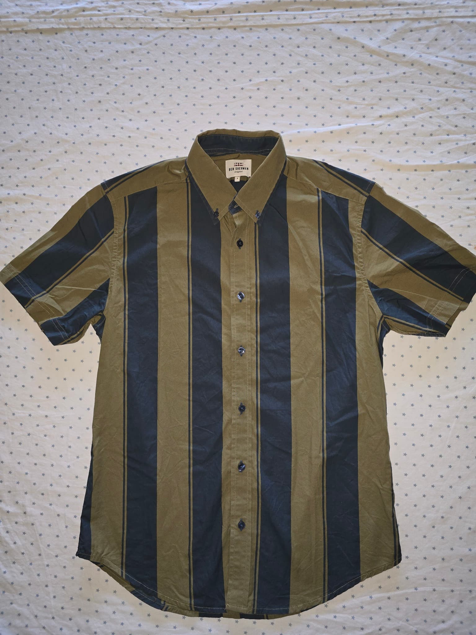 Ben Sherman Short Sleeve Button Down Shirt Striped Olive and Navy Men's S — photo 3 of 7