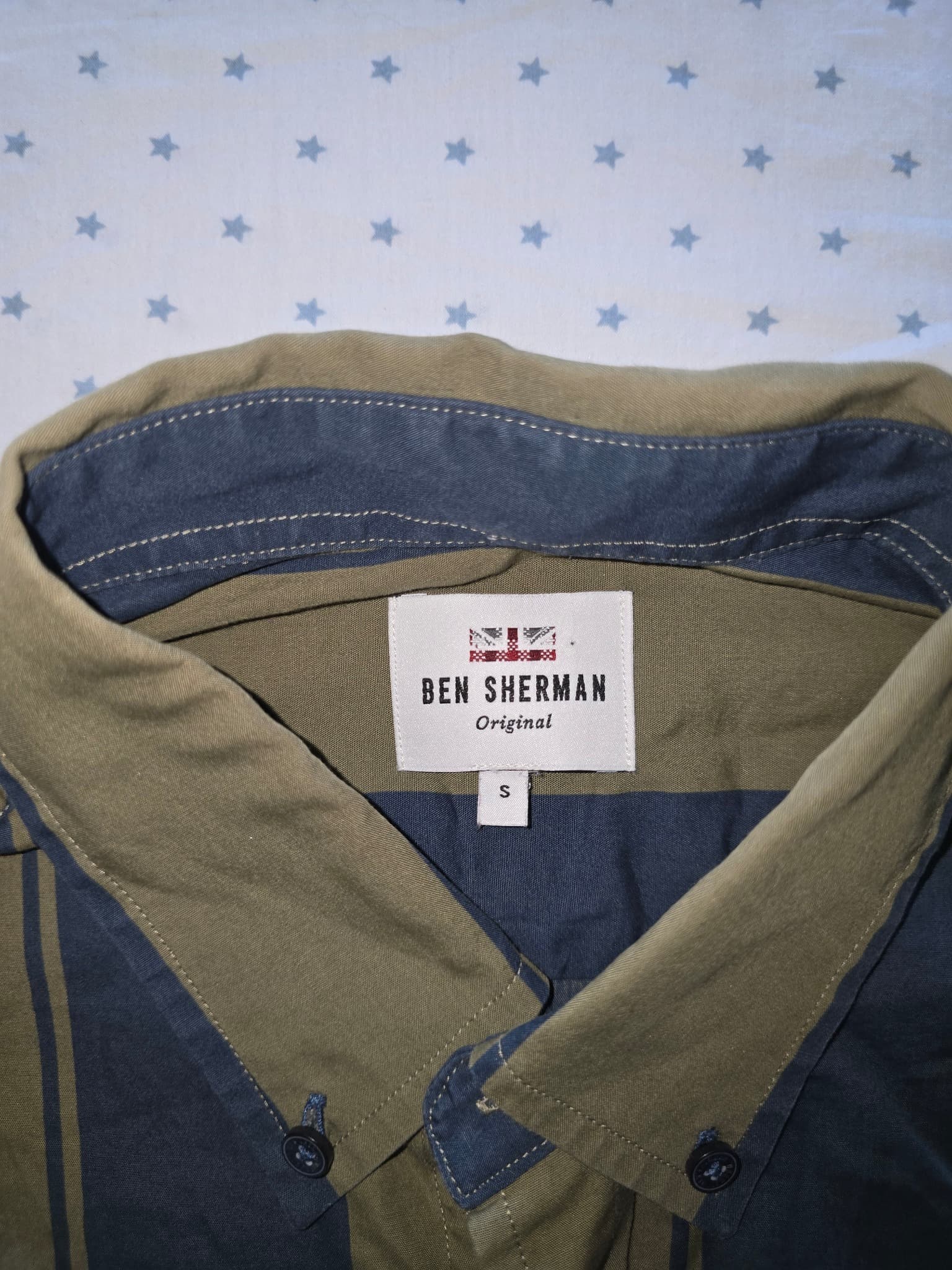 Ben Sherman Short Sleeve Button Down Shirt Striped Olive and Navy Men's S — photo 5 of 7