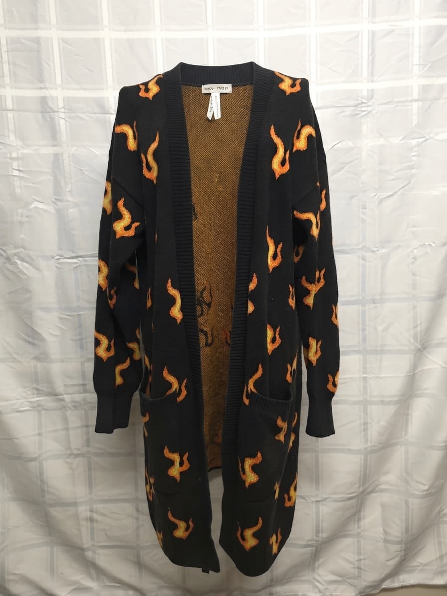 BLACK + FRIDAY Longline Cardigan Flame Print Black Orange Yellow Women's M — photo 1 of 6
