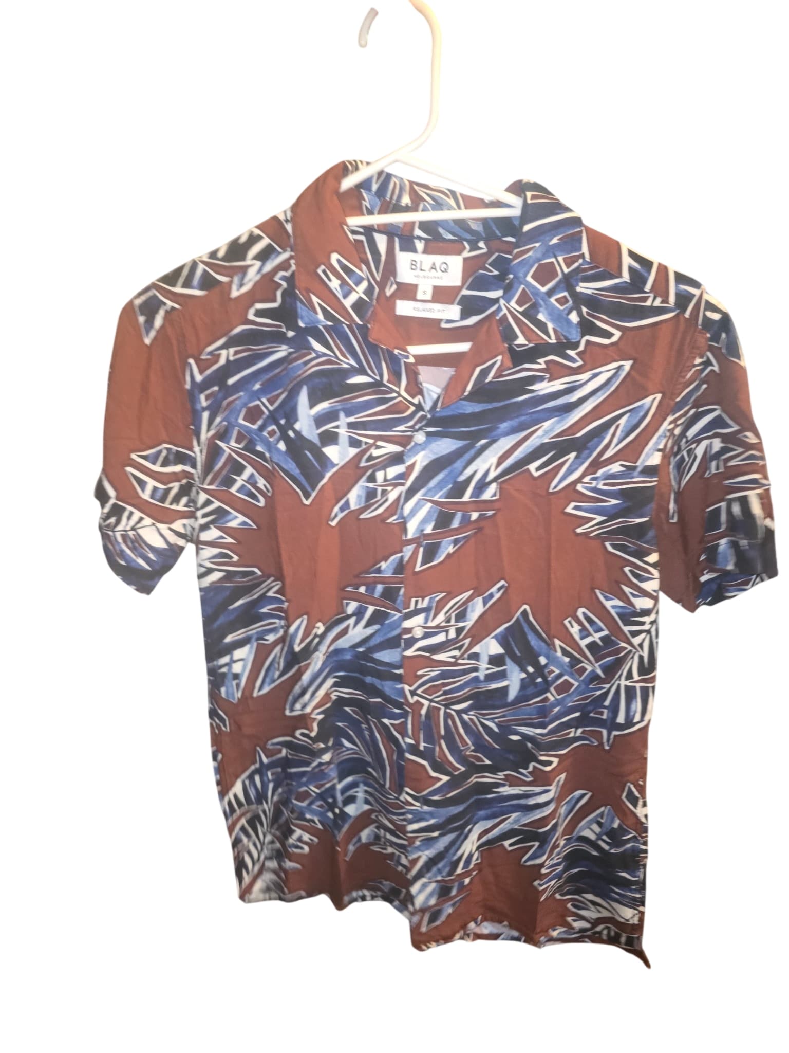 BLAQ Short Sleeve Shirt Leaf Print Brown Blue Men's S — photo 1 of 3