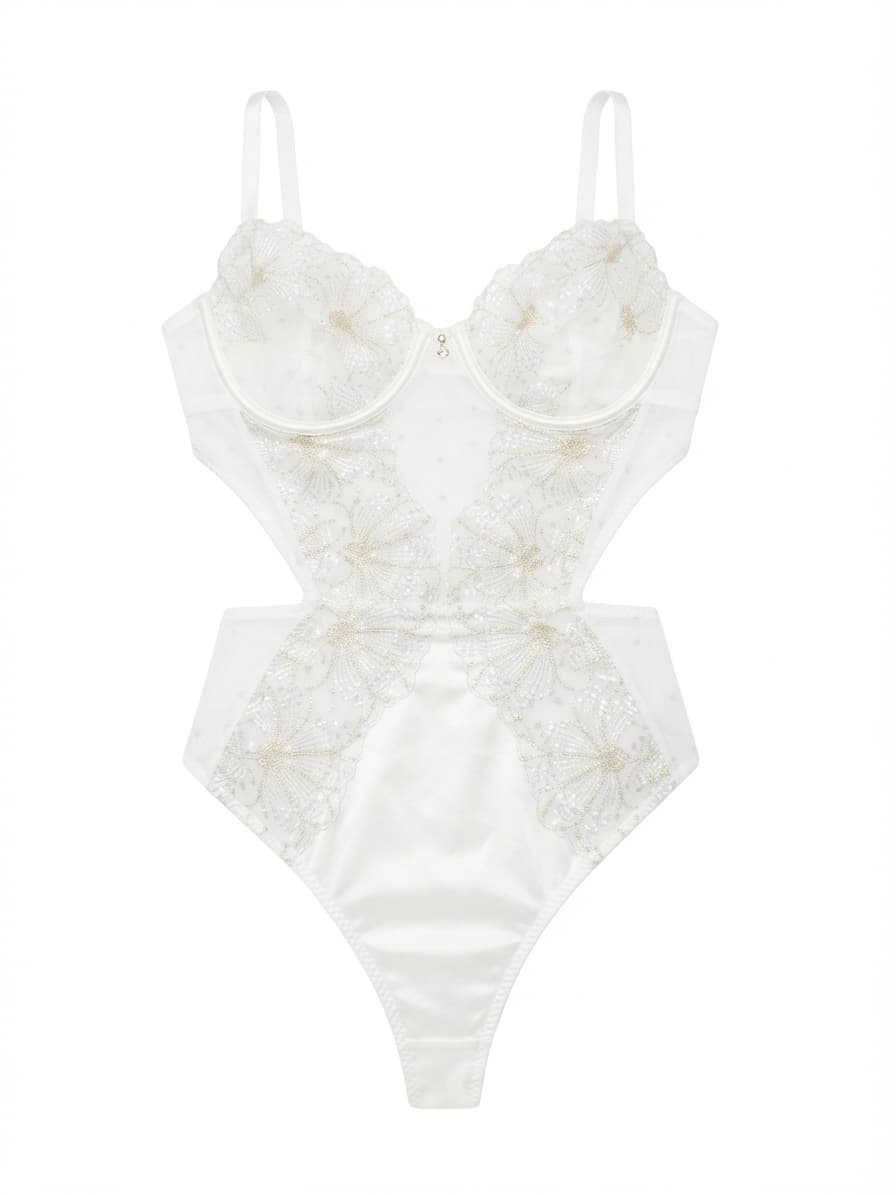 Bras N Things Bodysuit Embroidered Cut-Out White and Gold Women's 12 — photo 1 of 7