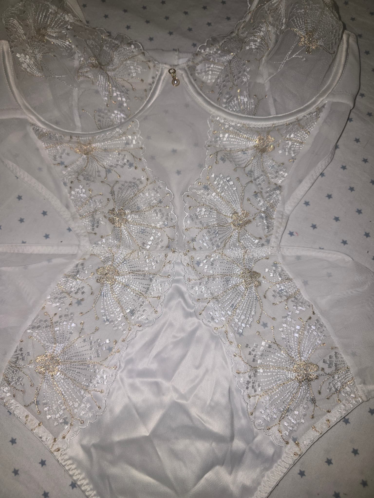 Bras N Things Bodysuit Embroidered Cut-Out White and Gold Women's 12 — photo 2 of 7