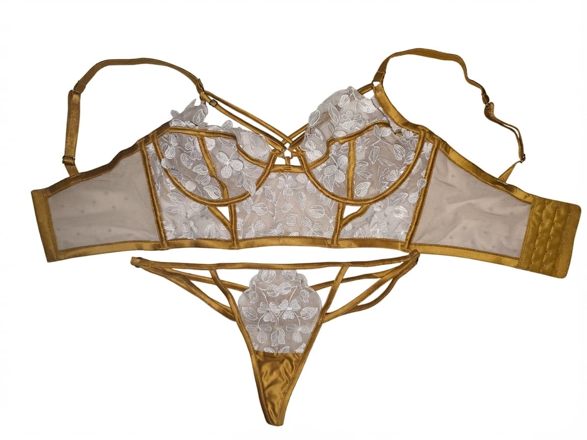 Bras N Things Lingerie Set Floral Lace Gold & White Women's 12DD/10 — photo 1 of 8