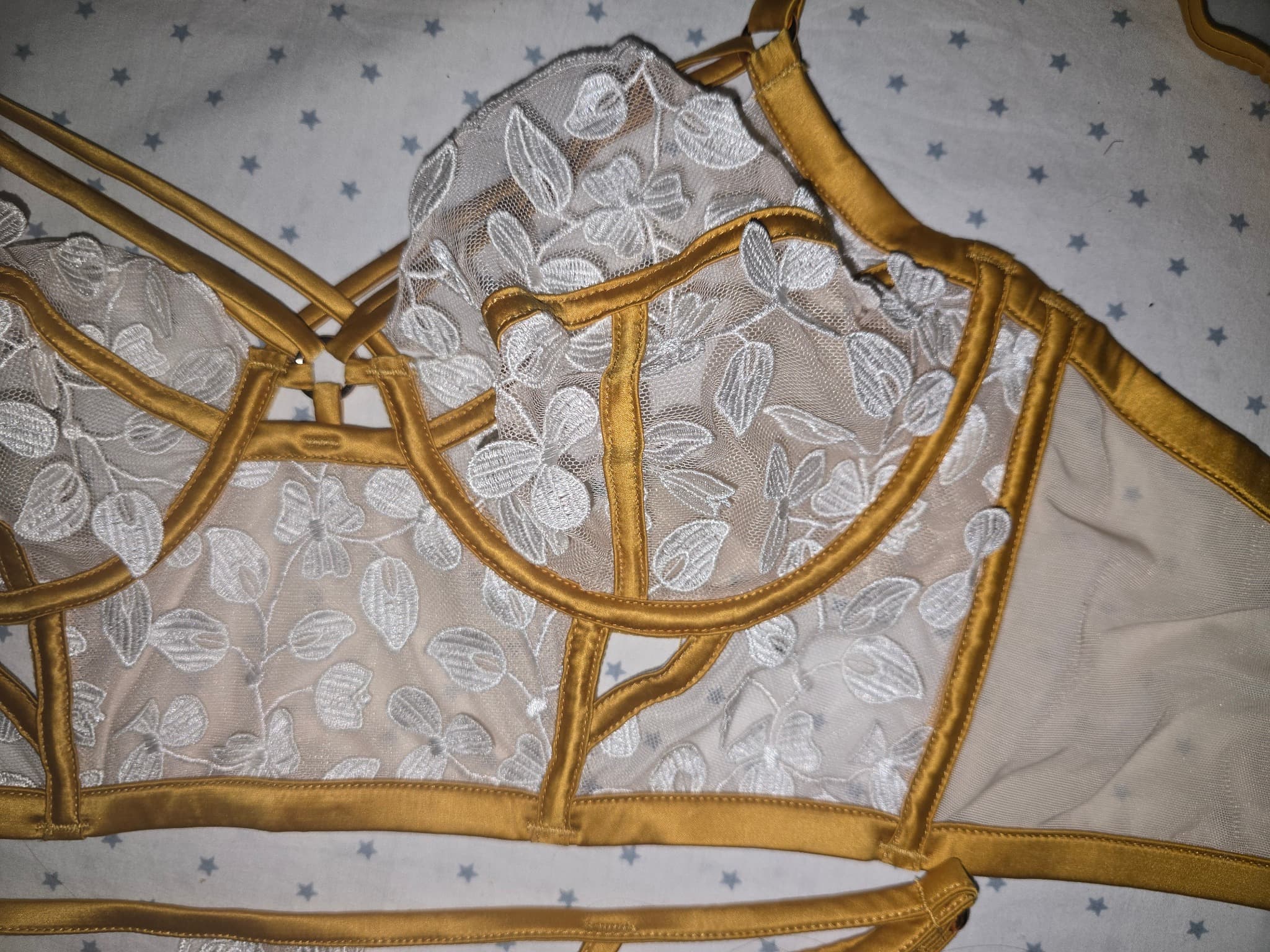 Bras N Things Lingerie Set Floral Lace Gold & White Women's 12DD/10 — photo 2 of 8