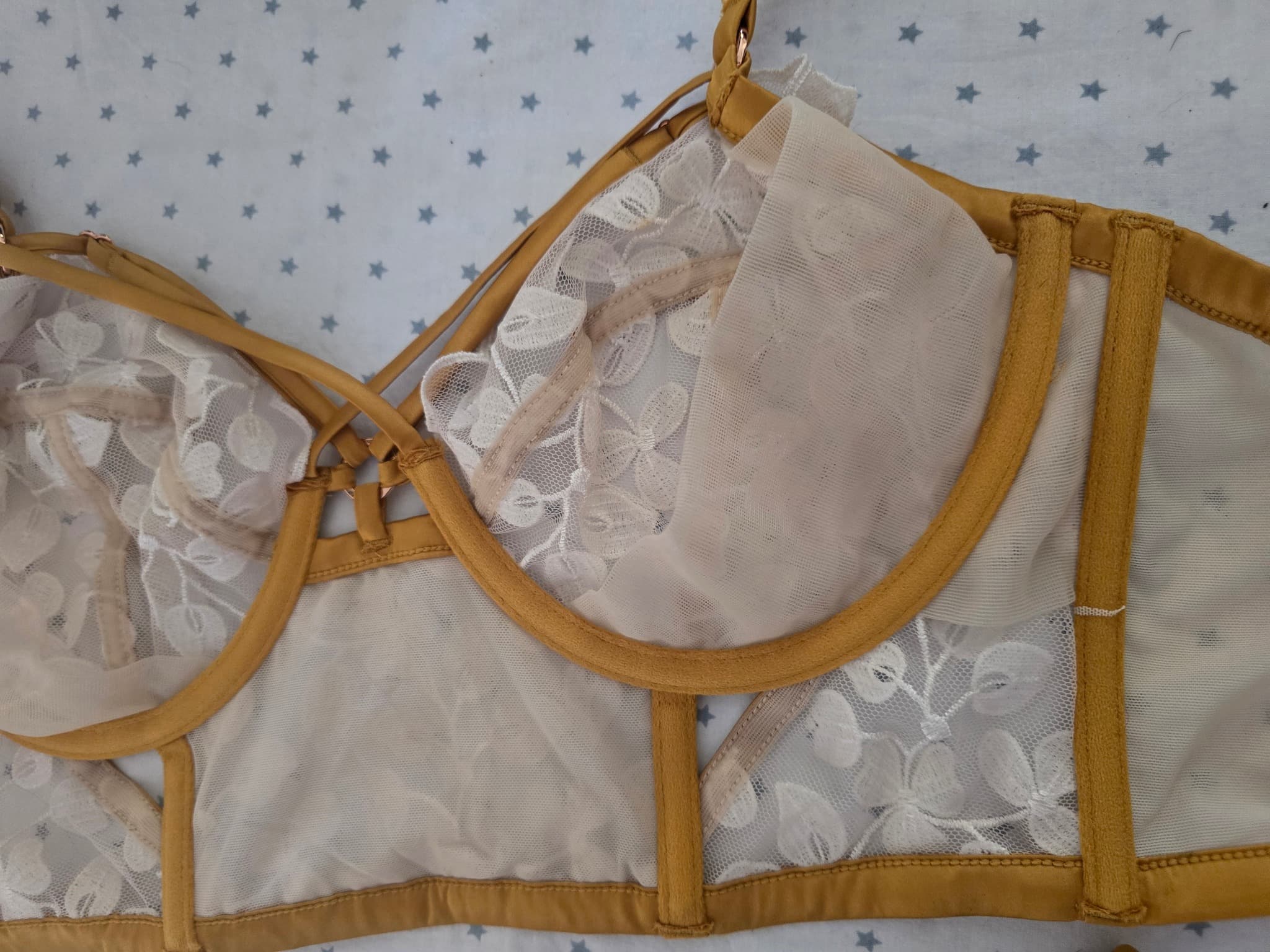 Bras N Things Lingerie Set Floral Lace Gold & White Women's 12DD/10 — photo 6 of 8