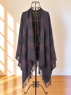 Burberry Colette Cape Check Wool Fringed Shawl Wrap Purple Grey Women's One Size — photo 1 of 4