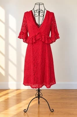 Chancery Midi Dress Lace V-Neck Ruffle Detail Red Women's 12 — photo 1 of 3