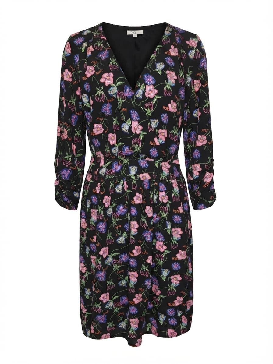 DR2 Midi Dress Floral Print V-Neck Long Sleeve Black Women's M — photo 1 of 5