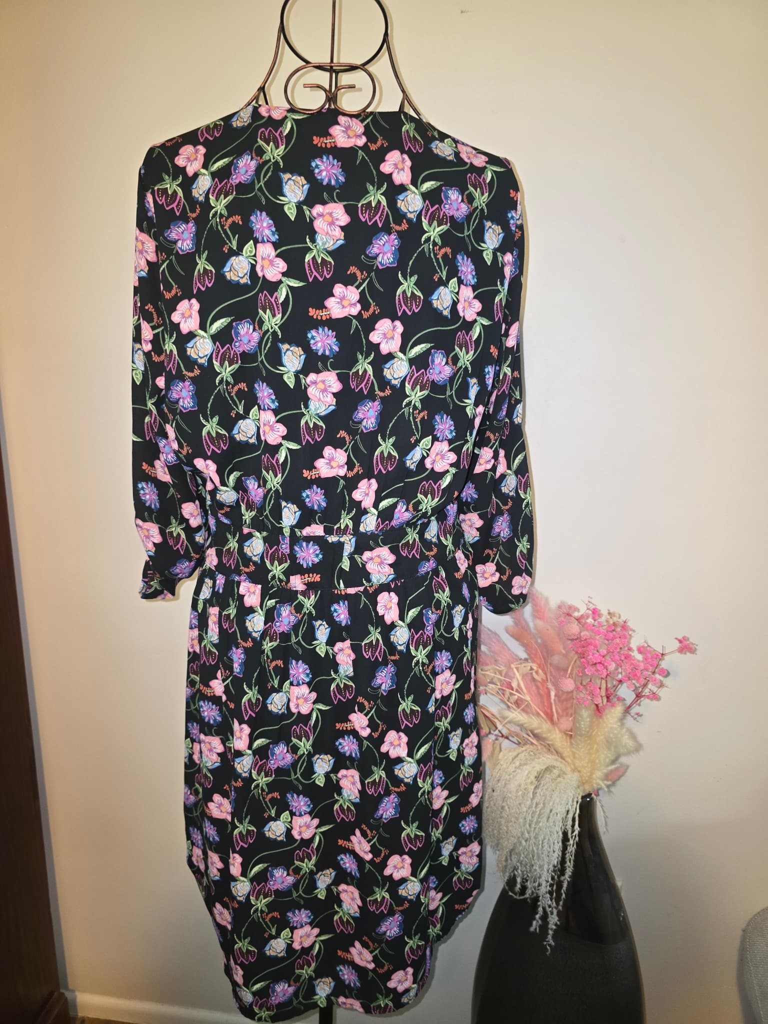 DR2 Midi Dress Floral Print V-Neck Long Sleeve Black Women's M — photo 3 of 5