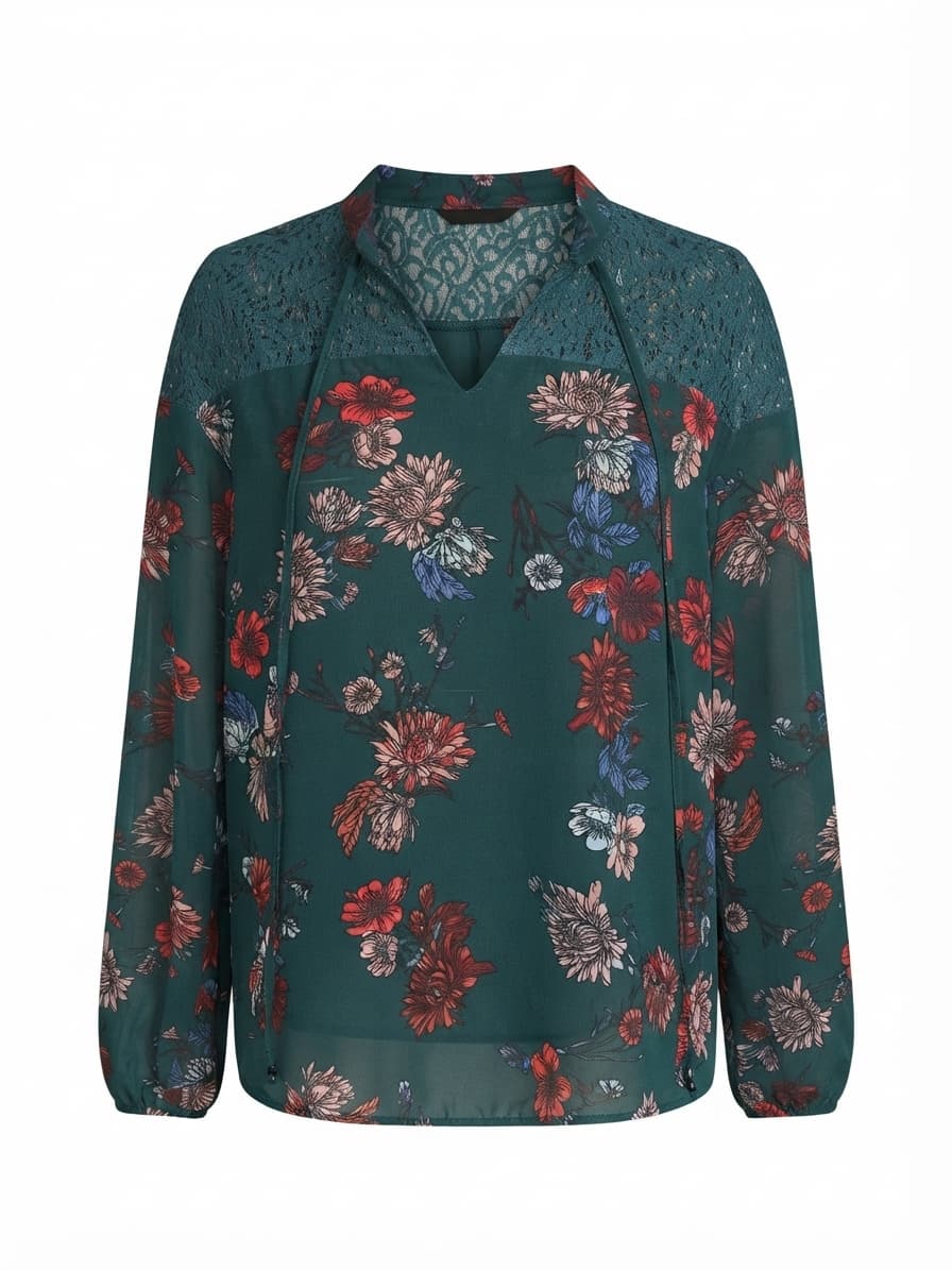 EDIT ION. Blouse Floral Print Lace Yoke Green Women's 10 — photo 1 of 6