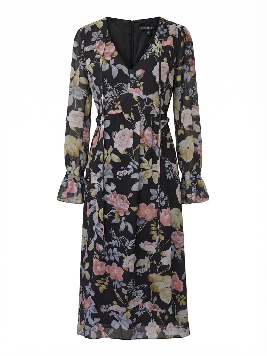 Forever New Floral Chiffon Midi Dress Long Sleeve Black Women's S — photo 1 of 6