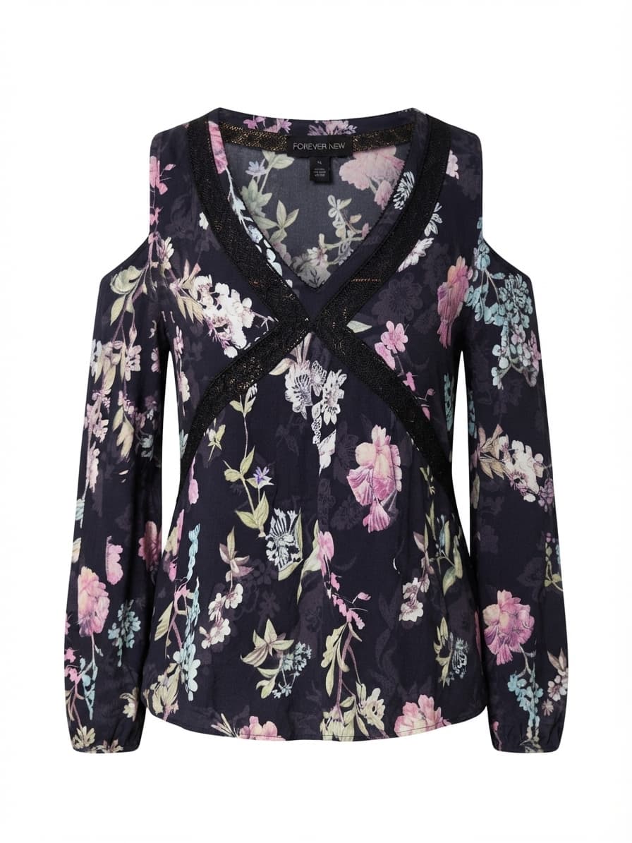 Forever New Floral Print Cold Shoulder Long Sleeve Top Black/Floral Women's 10 — photo 1 of 6