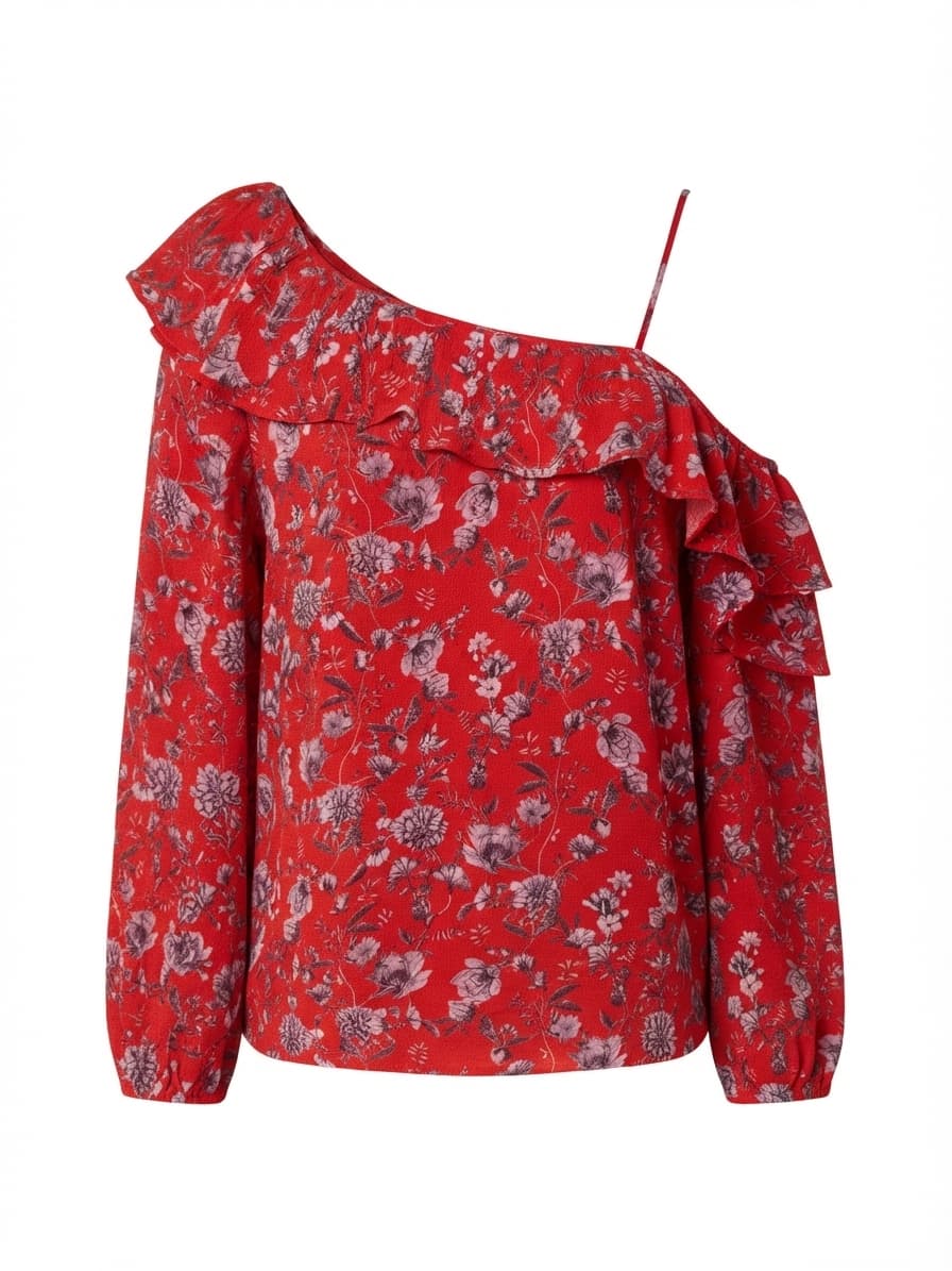 Forever New One-Shoulder Ruffle Blouse Floral Red Women's 10 — photo 1 of 5