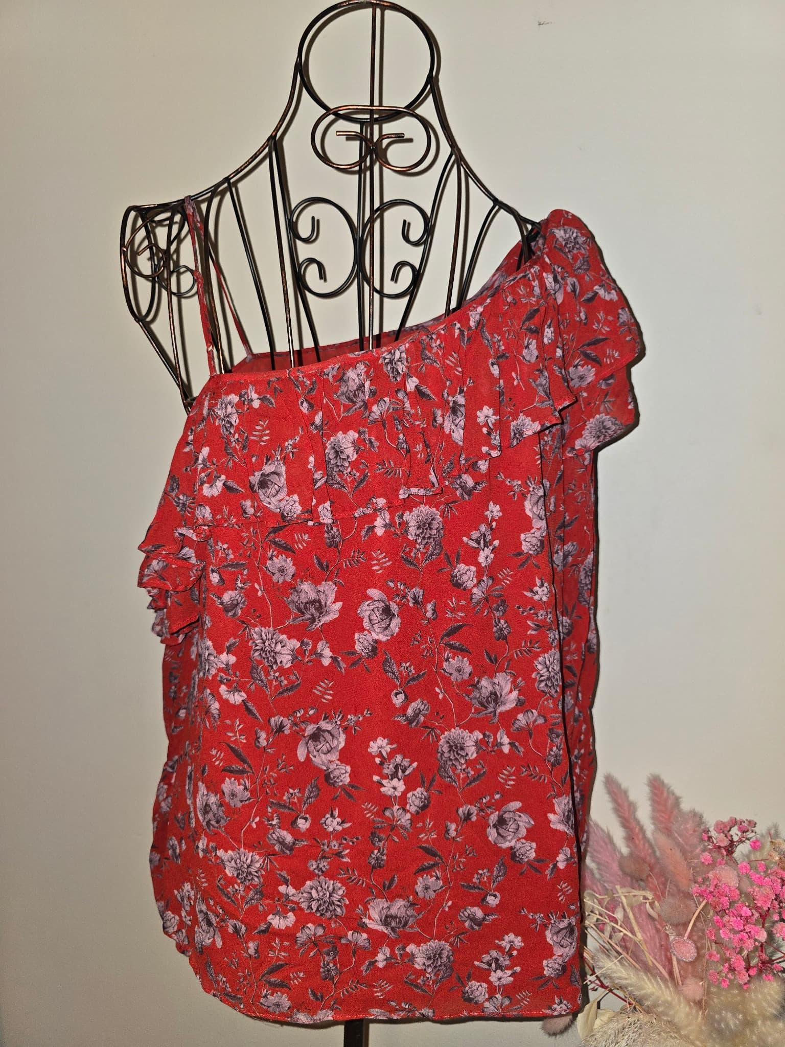 Forever New One-Shoulder Ruffle Blouse Floral Red Women's 10 — photo 3 of 5