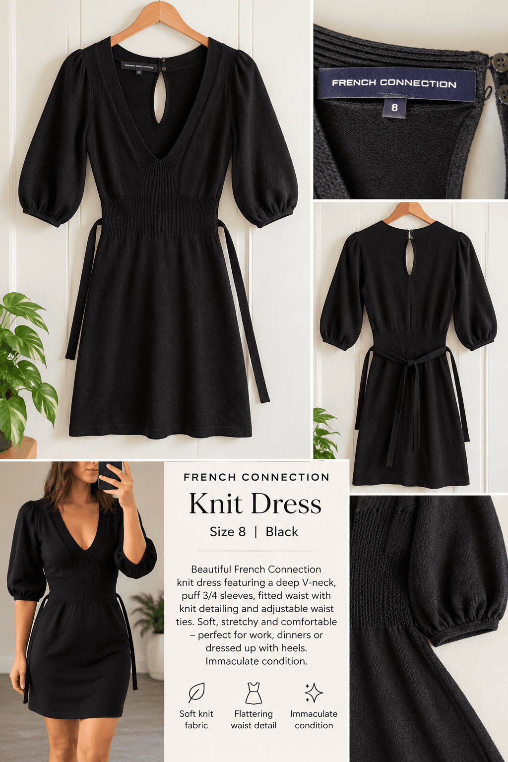 French Connection Knit Dress Puff Sleeve V-Neck Black Women's 8 — photo 1 of 5