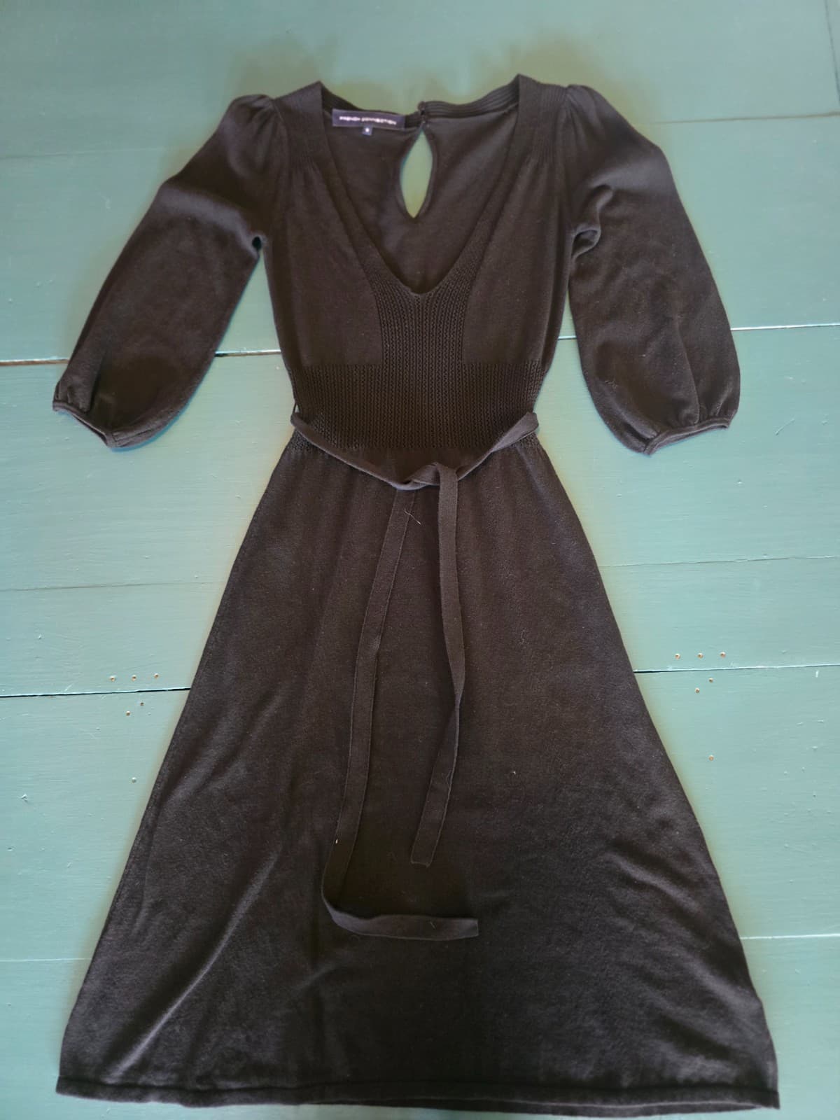 French Connection Knit Dress Puff Sleeve V-Neck Black Women's 8 — photo 2 of 5