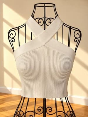 Glassons Ribbed Knit Halter Crop Top White Women's M — photo 1 of 3