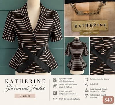 Katherine Statement Jacket Striped Peplum Blazer Black and Pink Women's 8 — photo 1 of 6