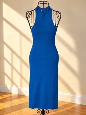 LIONESS Ribbed Knit Halter Neck Midi Dress Blue Women's M — photo 1 of 3