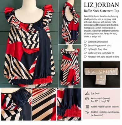 Liz Jordan Ruffle Neck Blouse Geometric Pattern Navy Red Black Cream Women's S — photo 1 of 4