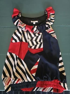 Liz Jordan Ruffle Neck Blouse Geometric Pattern Navy Red Black Cream Women's S — photo 3 of 4