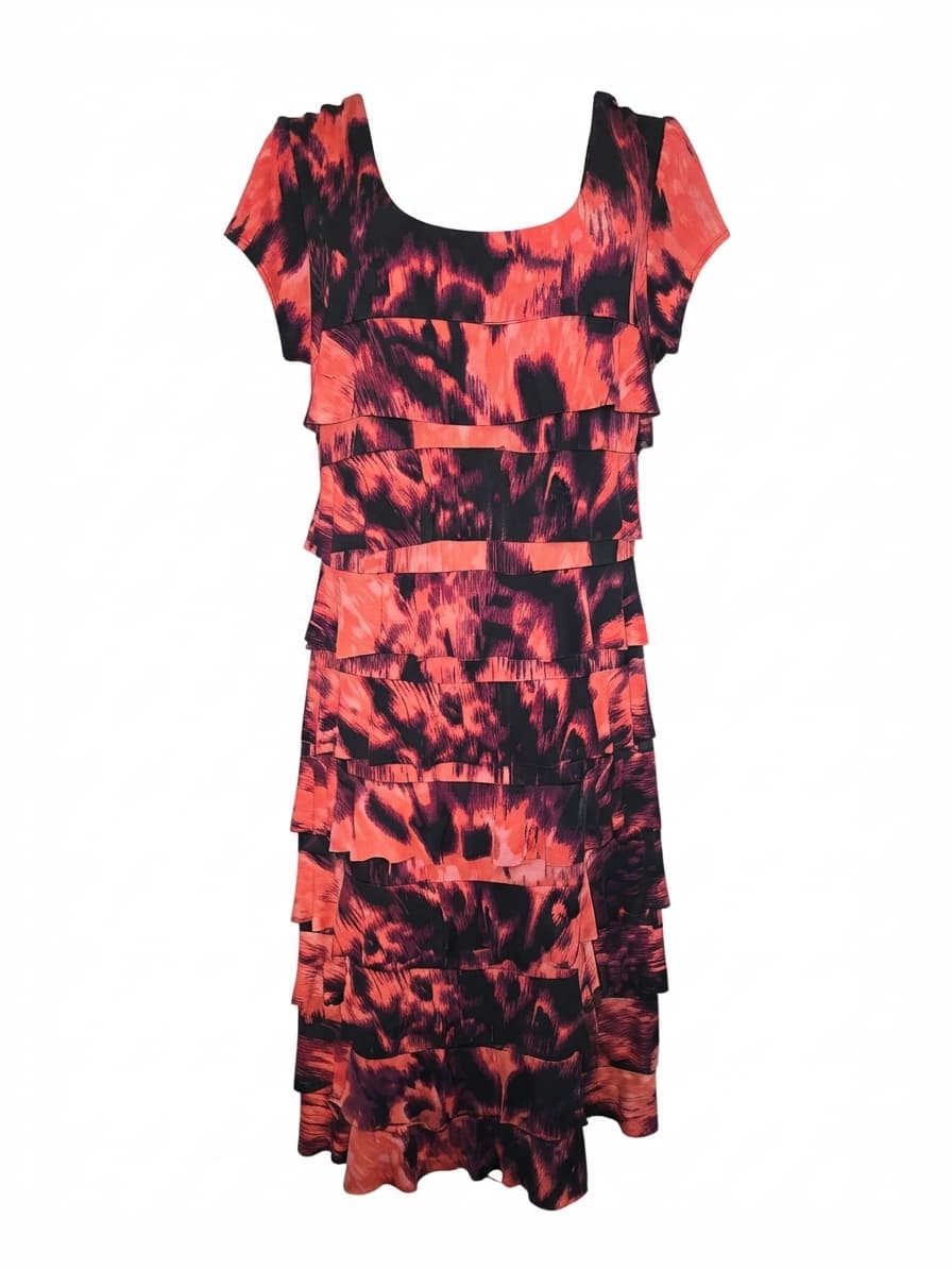 Liz Jordan Tiered Ruffle Midi Dress Abstract Print Black Coral Women's M — photo 1 of 5