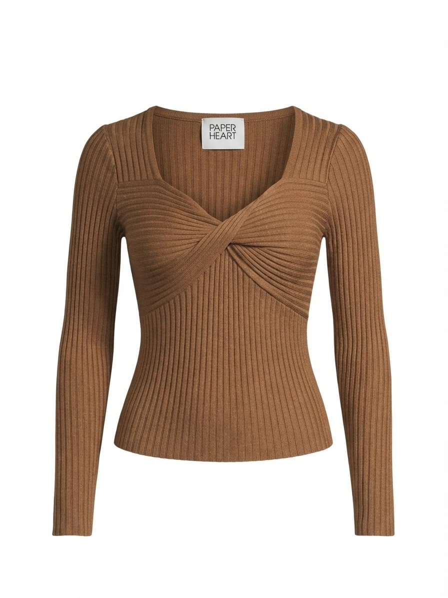 Paper Heart Long Sleeve Top Twist Front Ribbed Brown Women's 8 — photo 1 of 4