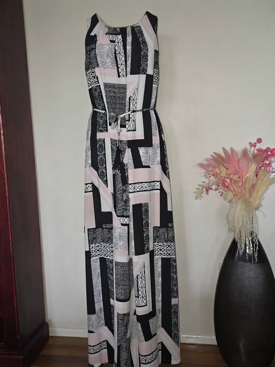 Peter Morrissey Sleeveless Maxi Dress Geometric Print Black White Pink Women's 10 — photo 1 of 7