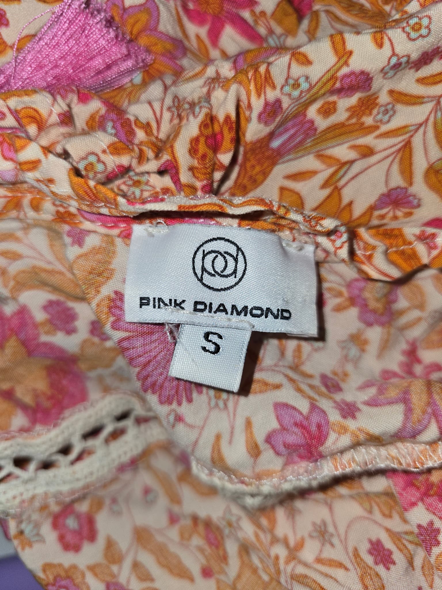 Pink Diamond Tiered Mini Dress Floral Print Pink Orange White Women's S — photo 2 of 3