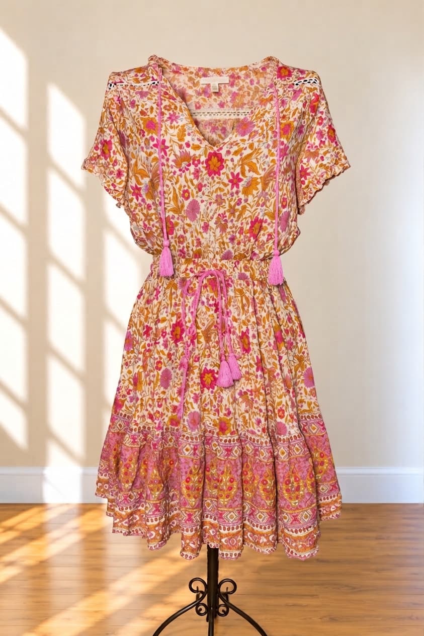 Pink Diamond Tiered Mini Dress Floral Print Pink Orange White Women's S — photo 1 of 3