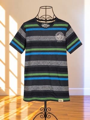 PIPING HOT Striped Graphic T-Shirt Charcoal Blue Green Women's 14 — photo 1 of 3