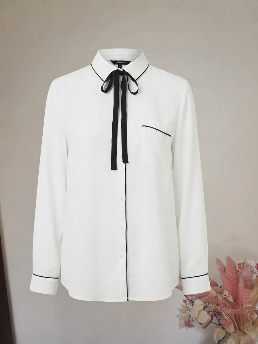 Portmans Button-Down Blouse With Piping And Bow Tie White Women's 8 — photo 1 of 5