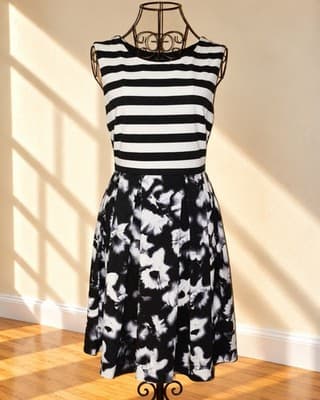 Portmans Fit And Flare Dress Striped Bodice Floral Skirt Black White Women's 10 — photo 1 of 4