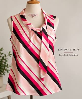 Review Sleeveless Striped Tie Neck Blouse Pink Black White Women's 10 — photo 1 of 4