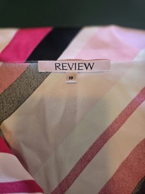 Review Sleeveless Striped Tie Neck Blouse Pink Black White Women's 10 — photo 2 of 4