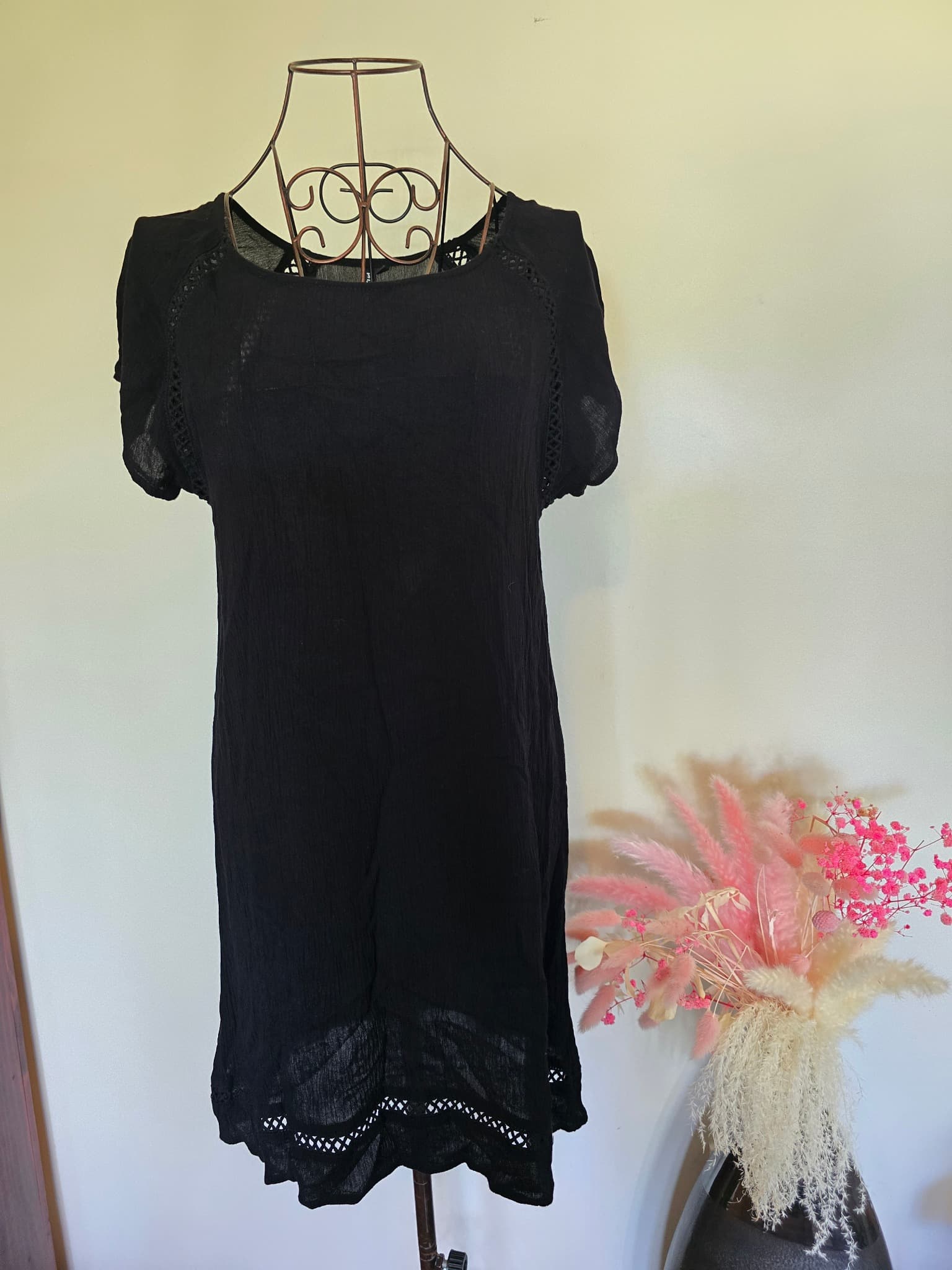 Rip Curl Gauze Cotton Dress Crochet Trim Black Women's S — photo 1 of 6