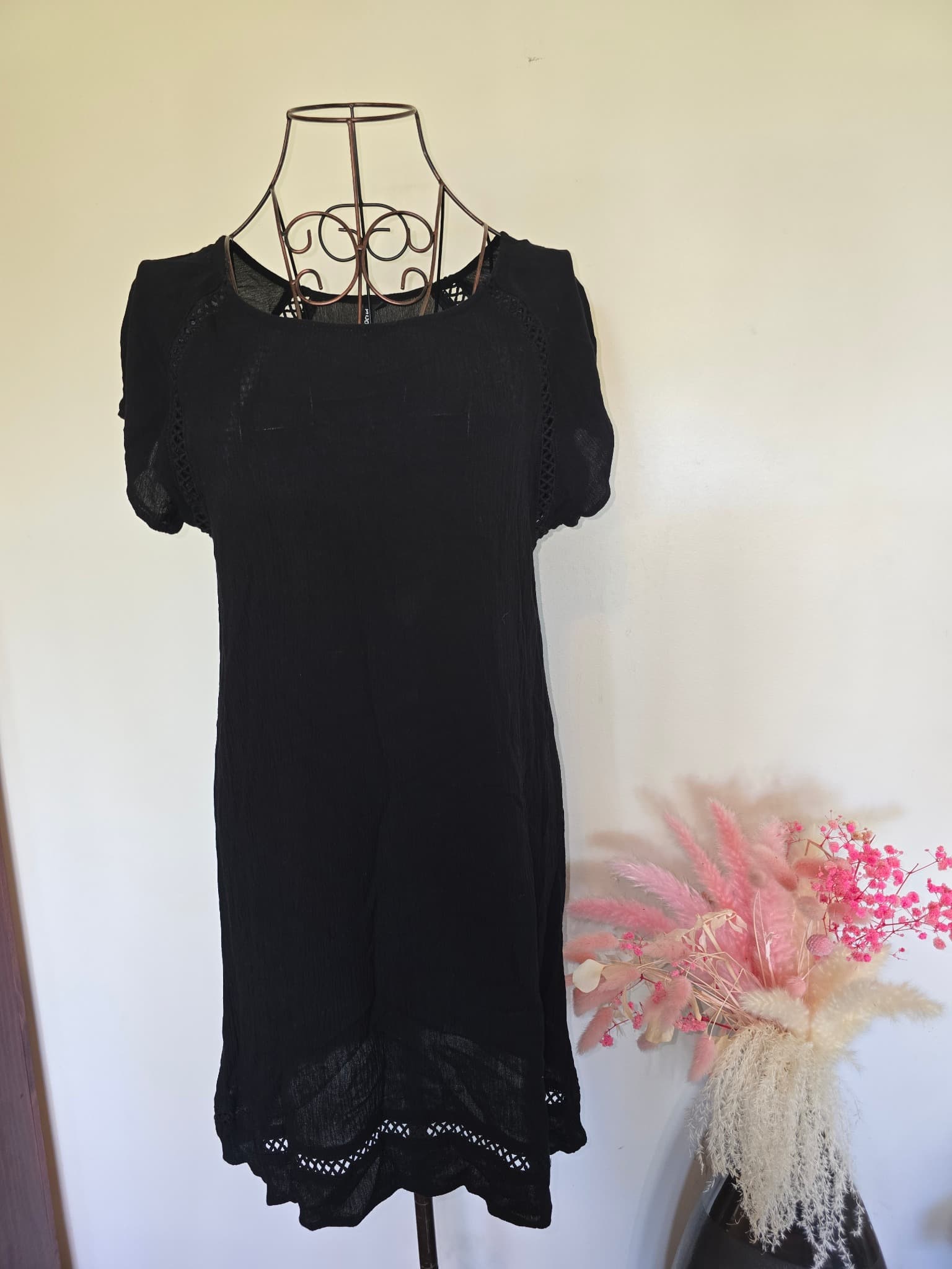 Rip Curl Gauze Cotton Dress Crochet Trim Black Women's S — photo 2 of 6