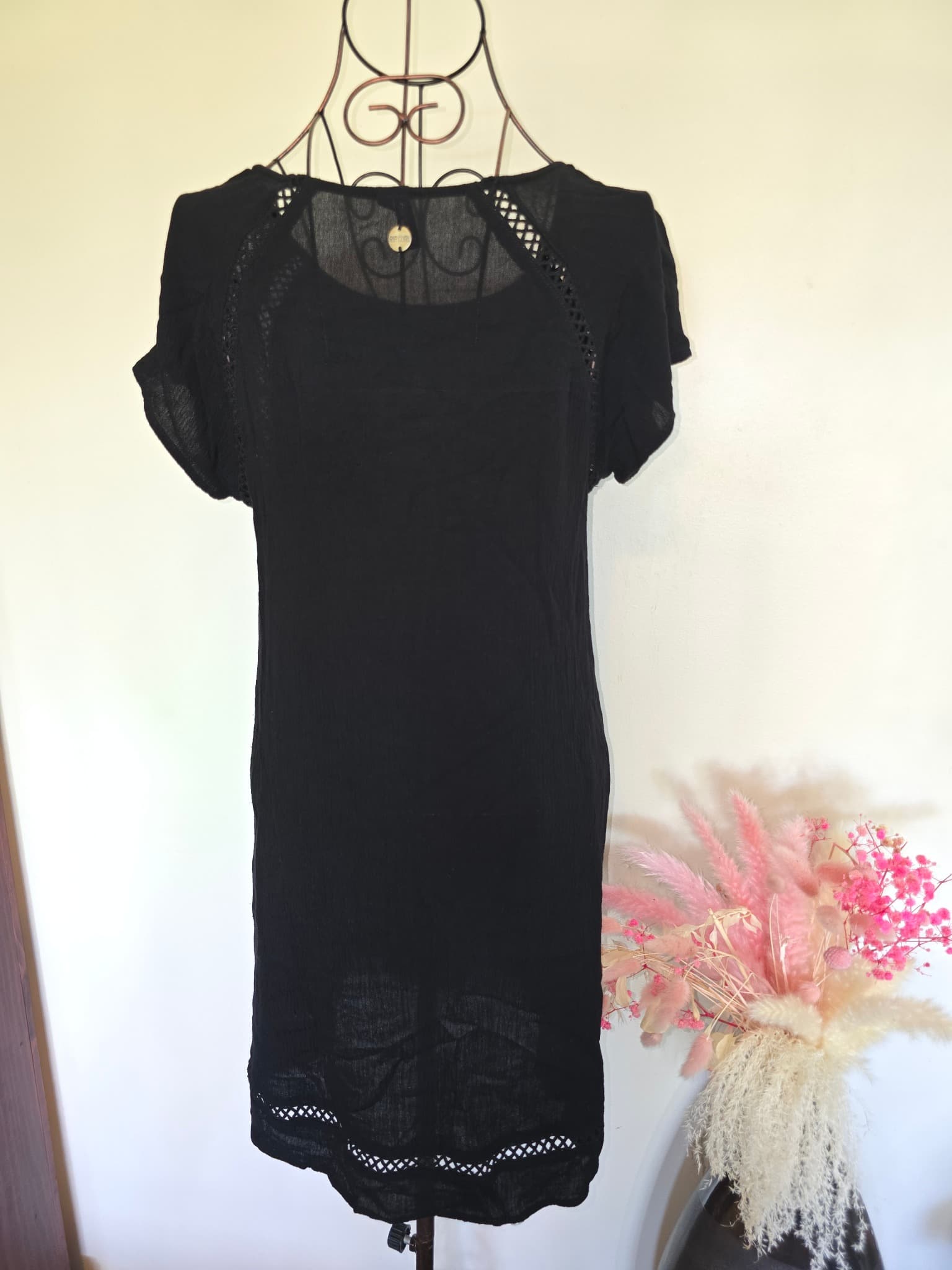 Rip Curl Gauze Cotton Dress Crochet Trim Black Women's S — photo 3 of 6