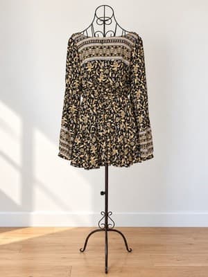 Ripcurl Dreamer Floral Boho Mini Dress Black Tan Women's S — photo 2 of 5
