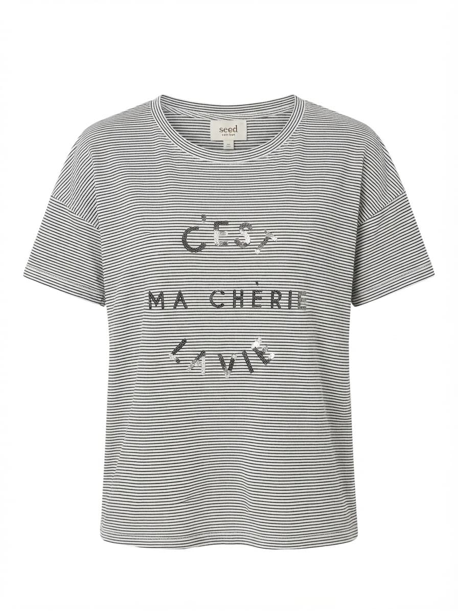 Seed Heritage Striped Sequin Slogan T-Shirt Black and White Women's S — photo 1 of 4