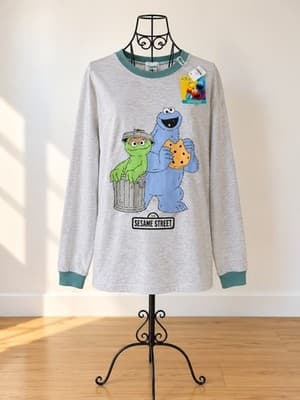 Sesame Street Long Sleeve Pyjama Top Cookie Monster & Oscar The Grouch Grey Unisex XL — photo 1 of 3