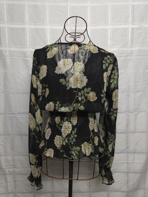 SHEIKE Floral Print Chiffon Blouse Smocked Waist Black Women's 8 — photo 2 of 4