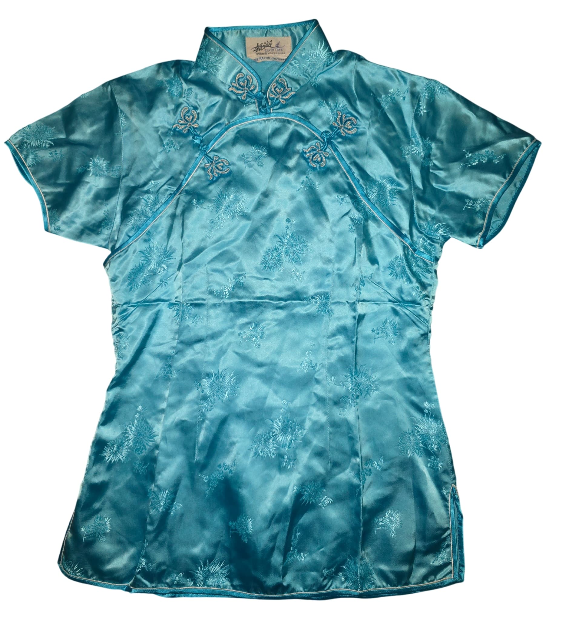 SILVER LAKE Cheongsam Style Blouse Floral Embroidery Turquoise Women's Size XS — photo 1 of 4