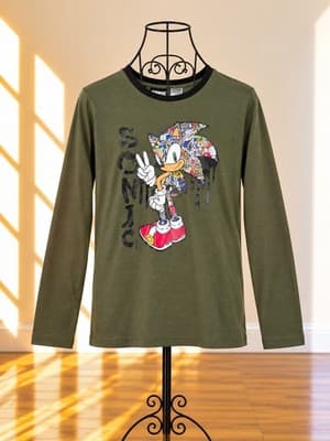 Sonic The Hedgehog Graphic Long Sleeve T-Shirt Olive Green Boys 14 — photo 1 of 3