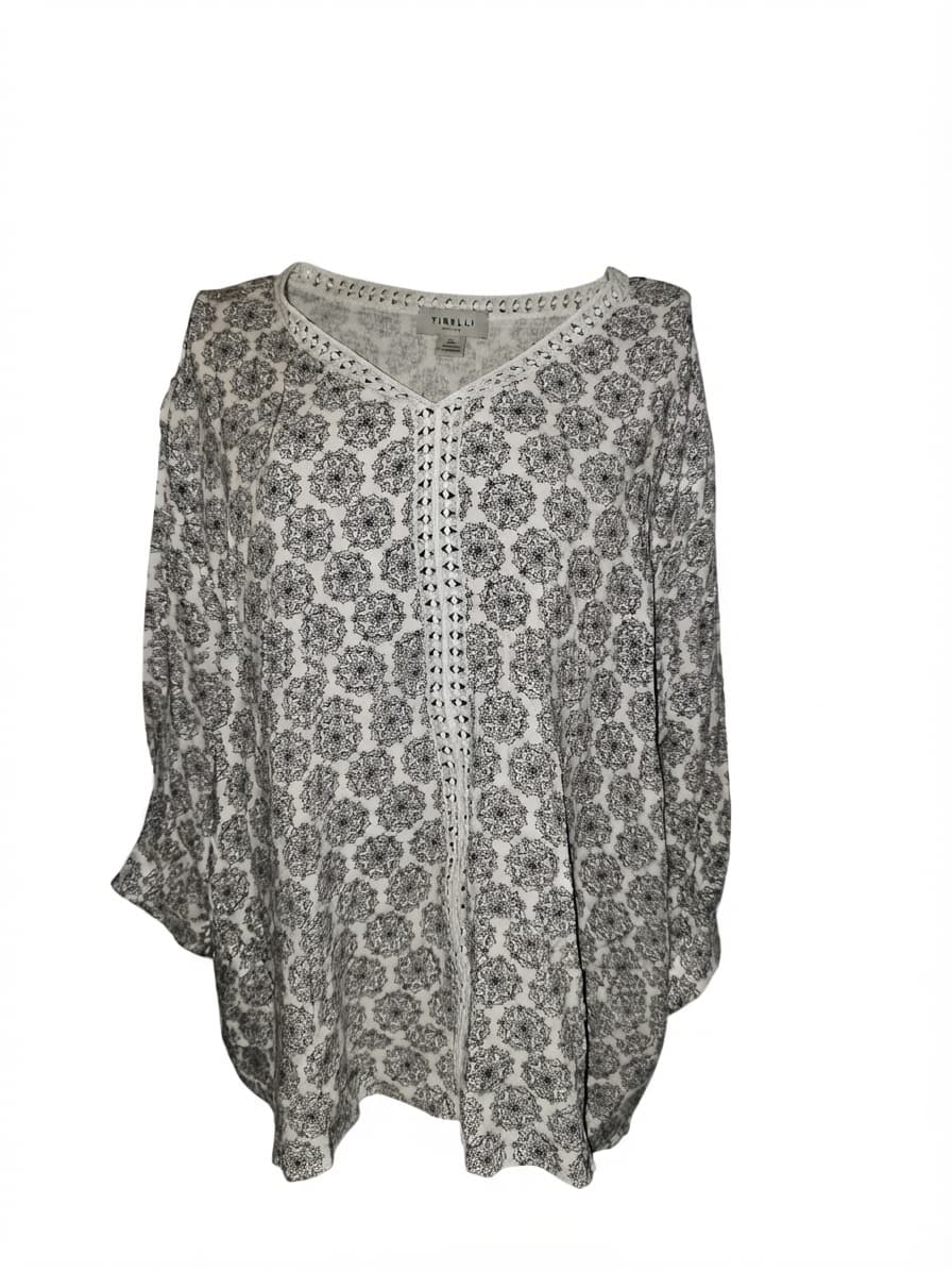 Tirelli V-Neck Blouse Floral Print Lace Trim Black and White Women's L — photo 1 of 6