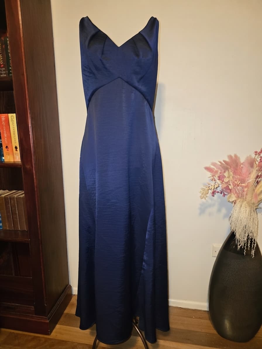 Veronika Maine Evening Gown Satin Sleeveless Gold-Tone Hardware Navy Blue Women's 8 — photo 1 of 5